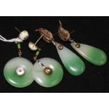 Two pairs of green hardstone earrings, one mounted in 18ct gold.