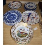 A group of 19thC Bretby & English porcelain plates & later blue & white pottery plates
