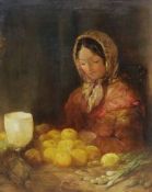 After Shayer, oil on canvas, Study of a girl selling vegetables, 29 x 23cm