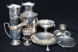 A pair of early 20th century repousse silver vases and sundry other items including silver dish
