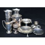 A pair of early 20th century repousse silver vases and sundry other items including silver dish