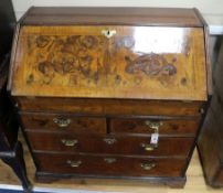 An early 18th century walnut bureau, W.92cm