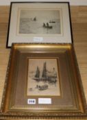 Rowland Langmaid etching and Henry Walker etching of Brixham Landing Stage, 18 x 24cm and 20 x 13cm