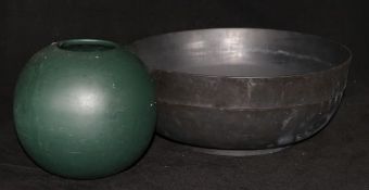 A black Wedgwood bowl and a Delft green pottery bowl