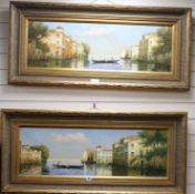 Vincci, a pair of oils on canvas, Canal scenes after Bouvard, signed, 30 x 90cm