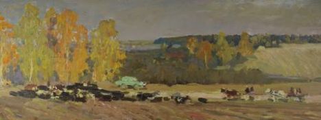 Russian School, oil on board, Farm scene, 26 x 68cm