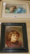 Victorian School, oil on panel, sketch of a child, 19 x 15cm and a pair of watercolour still