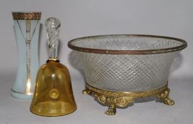 A gilt metal mounted cut glass bowl, base and a bell