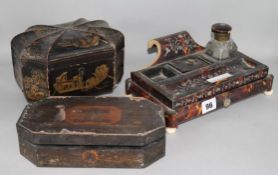 A Victorian tortoiseshell inkstand and a Chinese lacquer box and a Tunbridgeware box