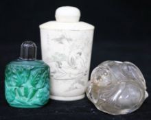 A Chinese rock crystal 'peach and monkey' snuff bottle, 5.5cm, a bone snuff bottle and a 'malachite'