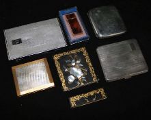 Silver cigarette case, card case and 3 others and a lighter