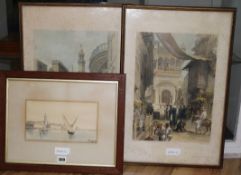 A pair of Louis Haghe lithographs of Cairo, 53 x 35cm, and a Galea watercolour of Malta, 14 x 24cm