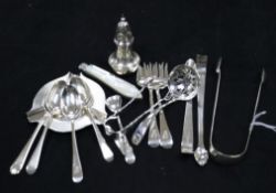 A silver ashtray, pepperette and fruit knife and minor silver flatware.