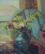 J* Dexter, oil on canvas, Still life of flowers in a jug, 49 x 38cm