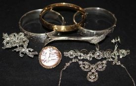 Two silver hinged bangles and mixed costume jewellery.