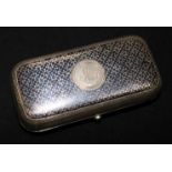 A 19th century Russian 84 zolotnik silver and niello cigarette box, 3.75in.