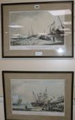 A pair of de Loutherbourg coloured etchings of fishermen at Worthing and Brighton, 28 x 41cm