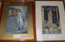 Carrie Solomon, two ink and watercolour original illustrations, one signed and dated 1912, 25 x 16.