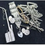 A Chinese silver opium pipe, a gate-link bracelet and sundry chains, etc.
