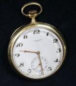 An 18ct gold Turler keyless lever pocket watch with Arabic dial and subsidiary seconds.