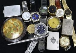 A quantity of wrist watches and other items including coins and lighter.