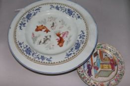 A Chinese famille verte Imari dish, 38.5cm, a famille rose 'fish' dish, 32cm and a famille rose