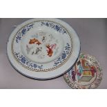 A Chinese famille verte Imari dish, 38.5cm, a famille rose 'fish' dish, 32cm and a famille rose