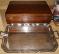 A silver plated drinks tray and an oak part canteen