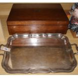 A silver plated drinks tray and an oak part canteen