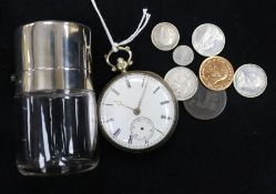 A silver pocket watch (a.f.), a silver top scent and seven coins.