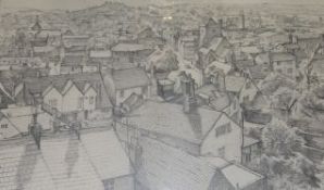 Julian Bell, pencil drawing, View of Lewes, signed, 21 x 33cm