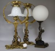An Art Deco style figural globe table lamp and a pair of Art Nouveau style brass table lamps