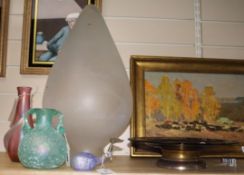 A Loetz style pink glass vase, a blue glass tazza, a glass whale with silver tail and two other