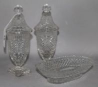 A pair of Irish cut glass lidded vases and a dish