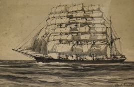 Claude Muncaster, ink and wash study of a clipper, signed, 25 x 37cm