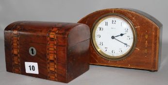 Inlaid tea caddy and Edwardian mantle clock