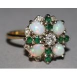 A gold, white opal, emerald and diamond cluster dress ring, size M.