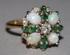 A gold, white opal, emerald and diamond cluster dress ring, size M.