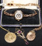 A lady's 9ct gold wrist watch and assorted jewellery including ring and pendant.