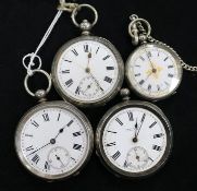 Four assorted silver pocket watches.