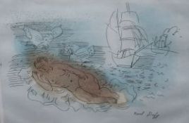 Raoul Dufy, a coloured print, Woman, butterflies and ships, 31 x 22cm