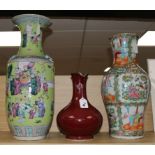 Two large 19th century Chinese famille rose vases and a sang-de-boeuf vase, H 32-58cm (3, all