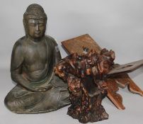 A Chinese rootwood vase, a carved Buddha and a Koran stand (3)