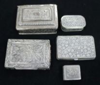 Four small Indian silver boxes and a Portuguese box.