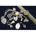 A 9ct gold gatelink choker necklace a 9ct gold ring and other assorted items.