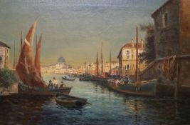 After Antoine Bouvard, pair of oils on canvas, Venetian canal scenes, 39 x 59cm