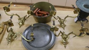 A pair of large pewter plates, set of 2 branch wall lights & preserve pan
