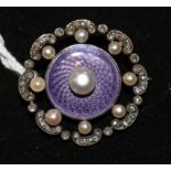 An Edwardian gold and silver, pearl, diamond and guilloche enamel circular brooch, 1in.