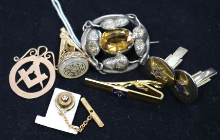 A Victorian silver and citrine oval "acorn" brooch, a 9ct gold masonic pendant and seal and four