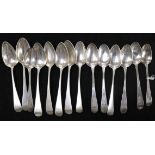 A set of six George III silver teaspoons and eight other teaspoons.